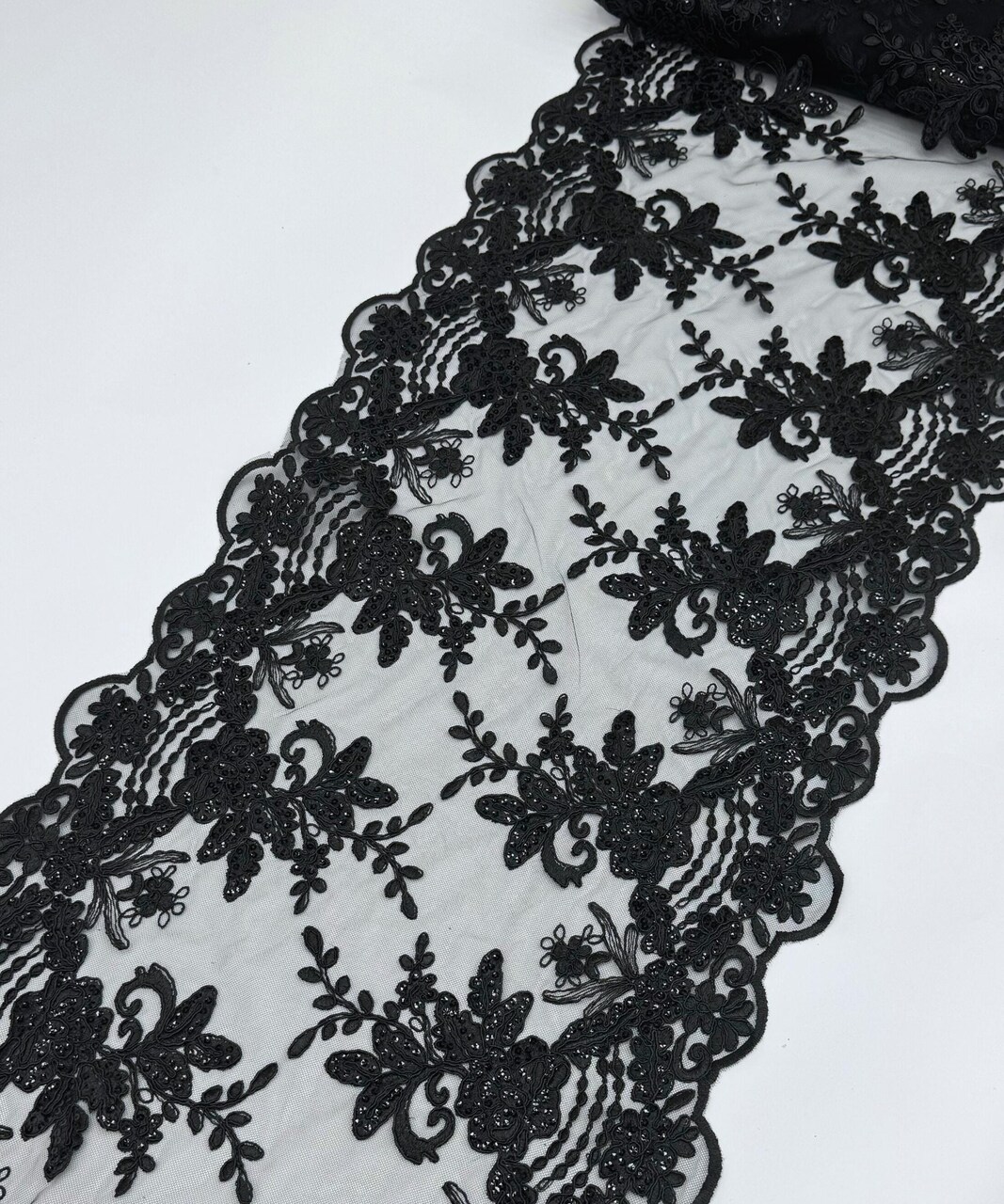 Black Floral Embroidered Lace Table Runner by the Yard, 14" Wide Sequin Mesh Lace Trim with Scalloped Edges